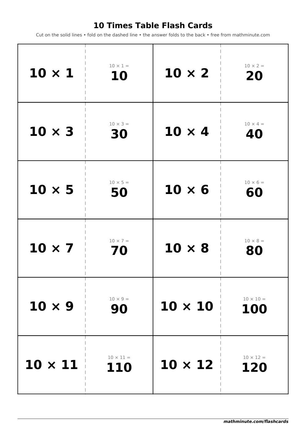 Free Printable 10 Times Table Flash Cards — PDF preview.