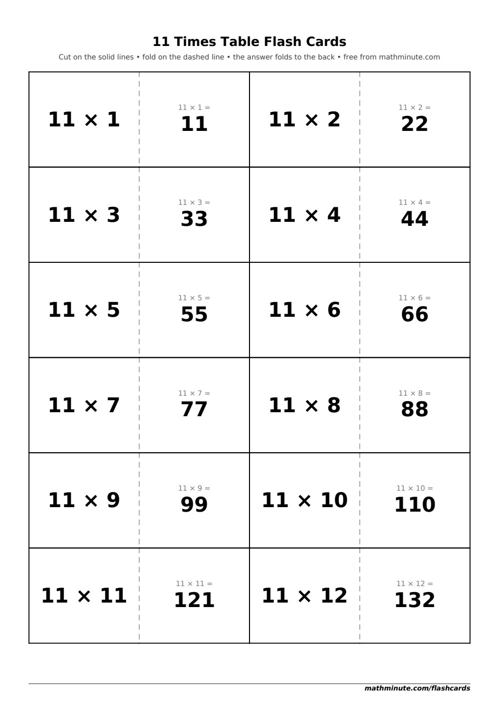 Free Printable 11 Times Table Flash Cards — PDF preview.