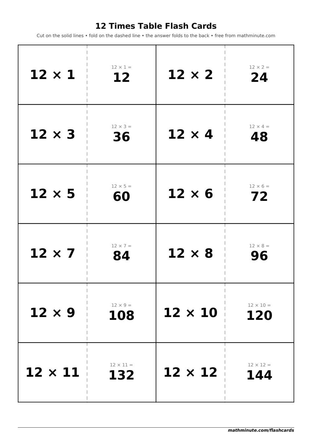 Free Printable 12 Times Table Flash Cards — PDF preview.