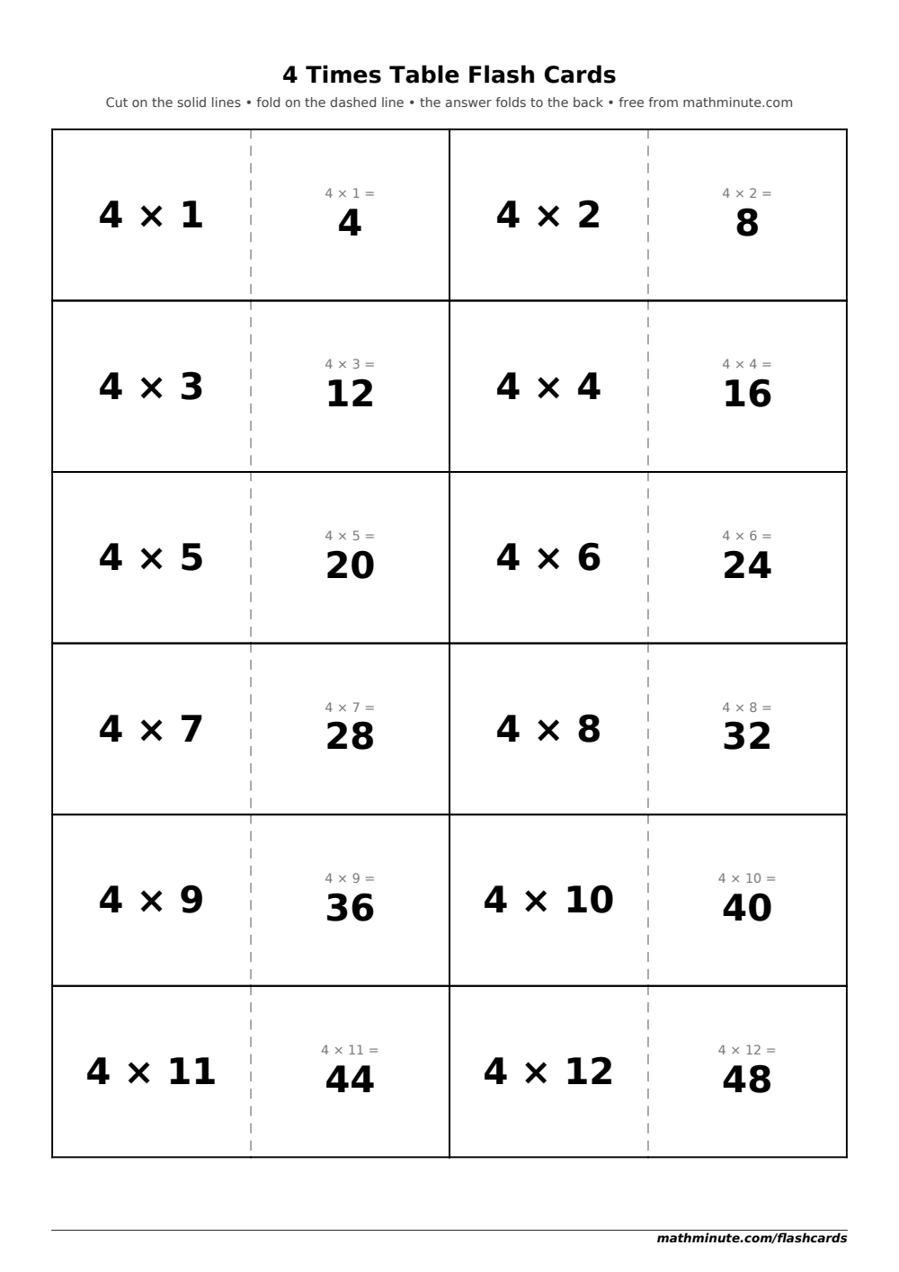 Free Printable 4 Times Table Flash Cards — PDF preview.