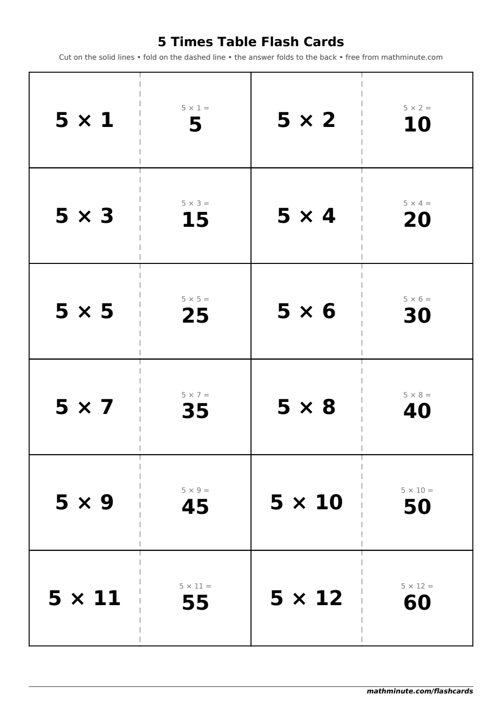 Free Printable 5 Times Table Flash Cards — PDF preview.
