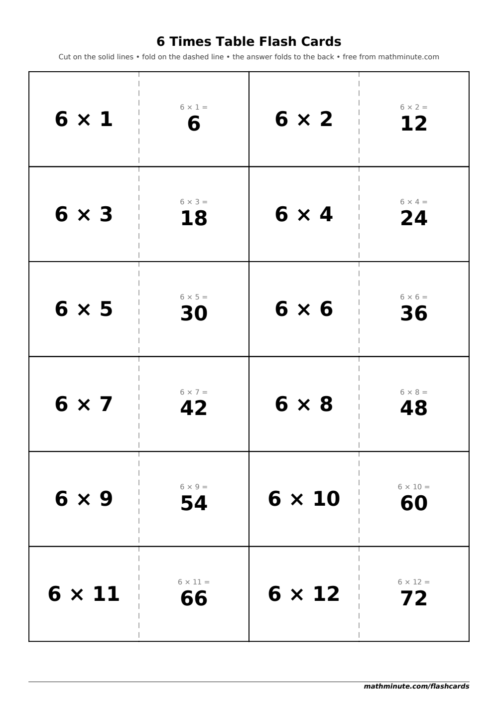 Free Printable 6 Times Table Flash Cards — PDF preview.