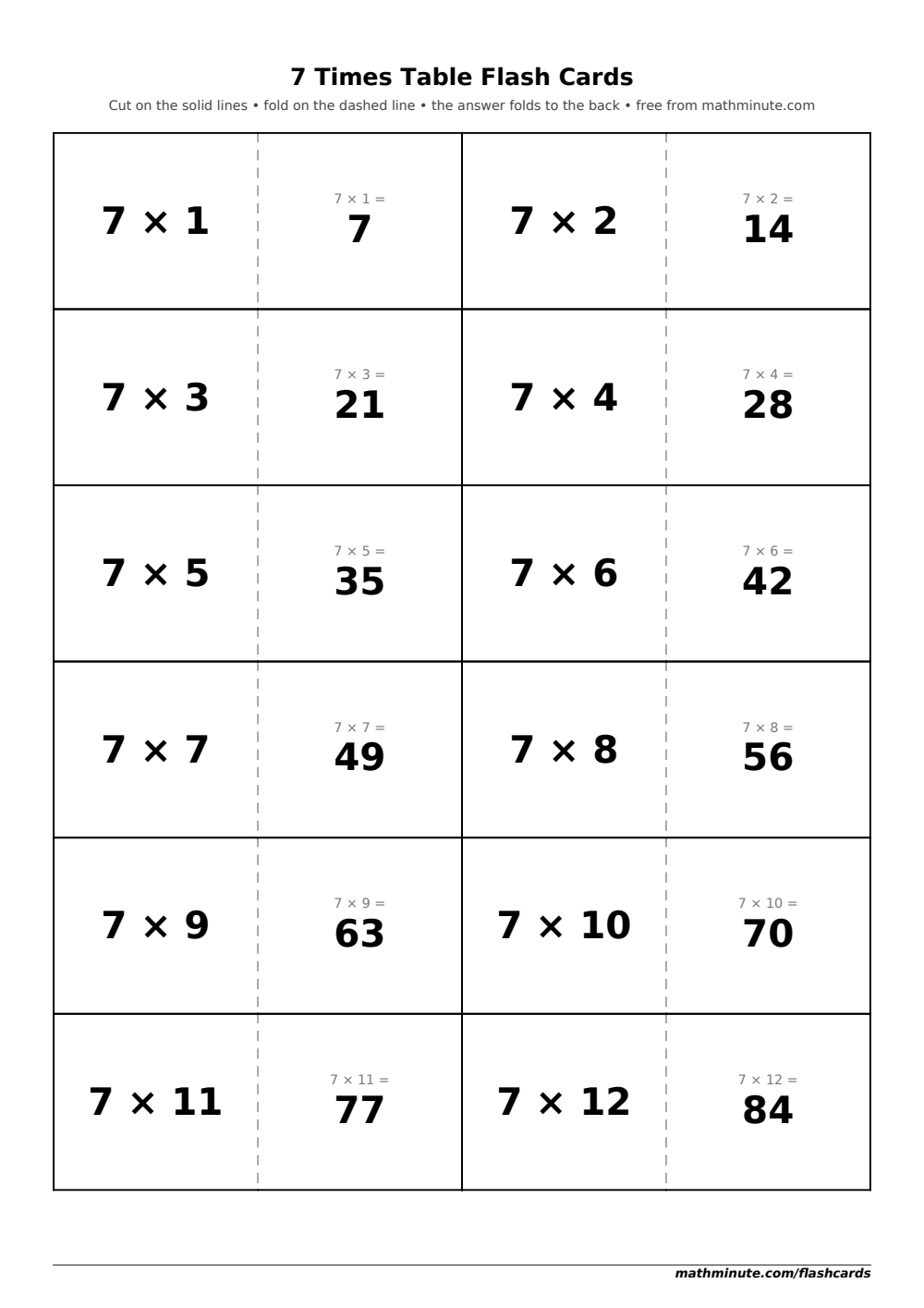 Free Printable 7 Times Table Flash Cards — PDF preview.
