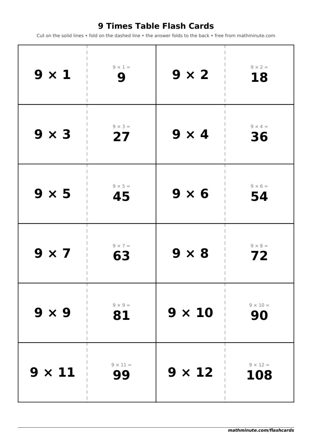 Free Printable 9 Times Table Flash Cards — PDF preview.