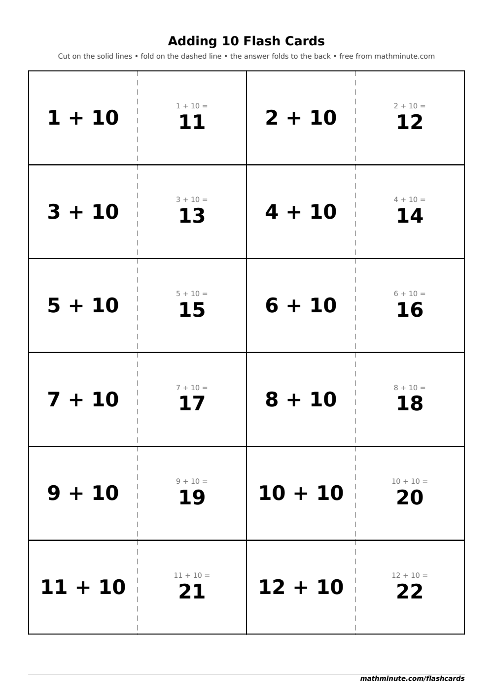 Free Printable Adding 10 Flash Cards — PDF preview.