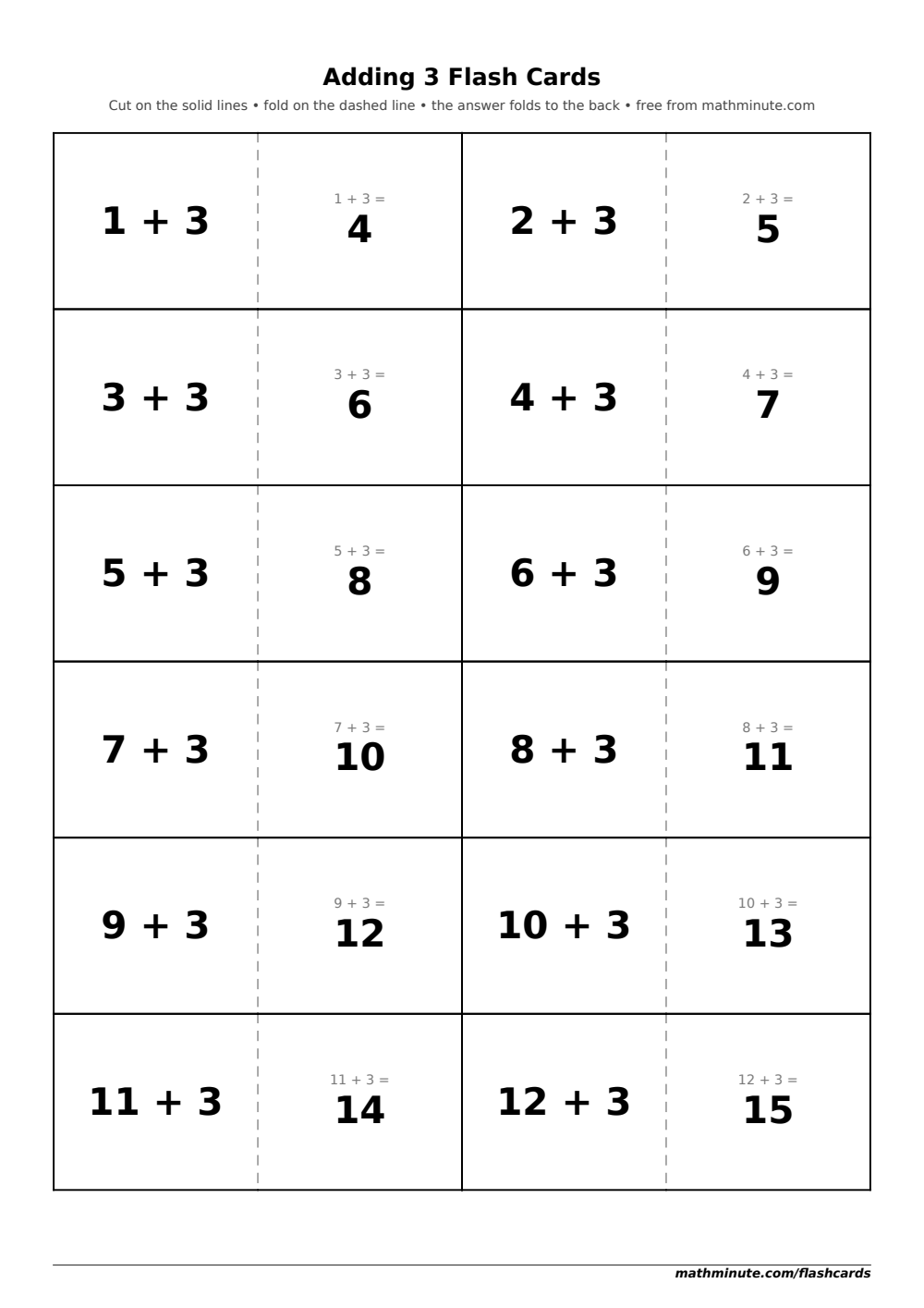 Free Printable Adding 3 Flash Cards — PDF preview.