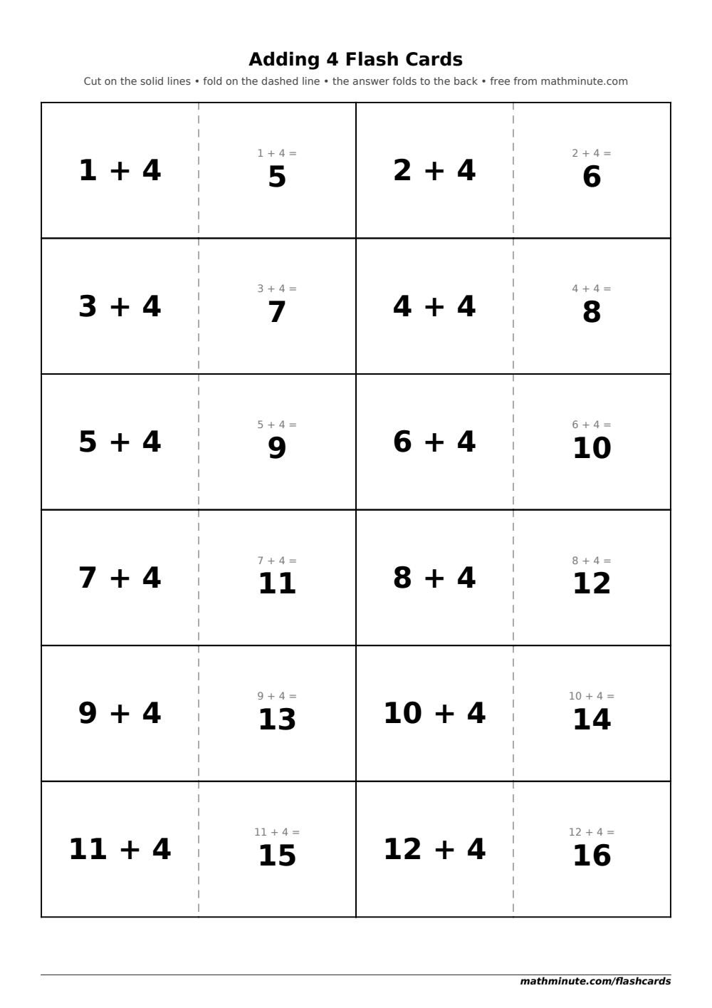 Free Printable Adding 4 Flash Cards — PDF preview.