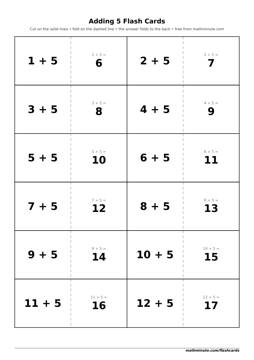 Free Printable Adding 5 Flash Cards — PDF preview.