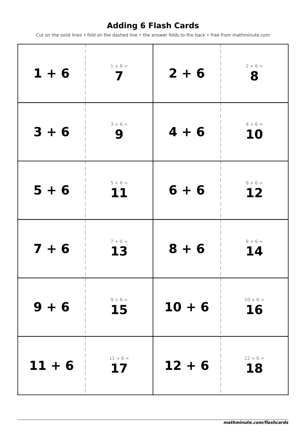 Free Printable Adding 6 Flash Cards — PDF preview.