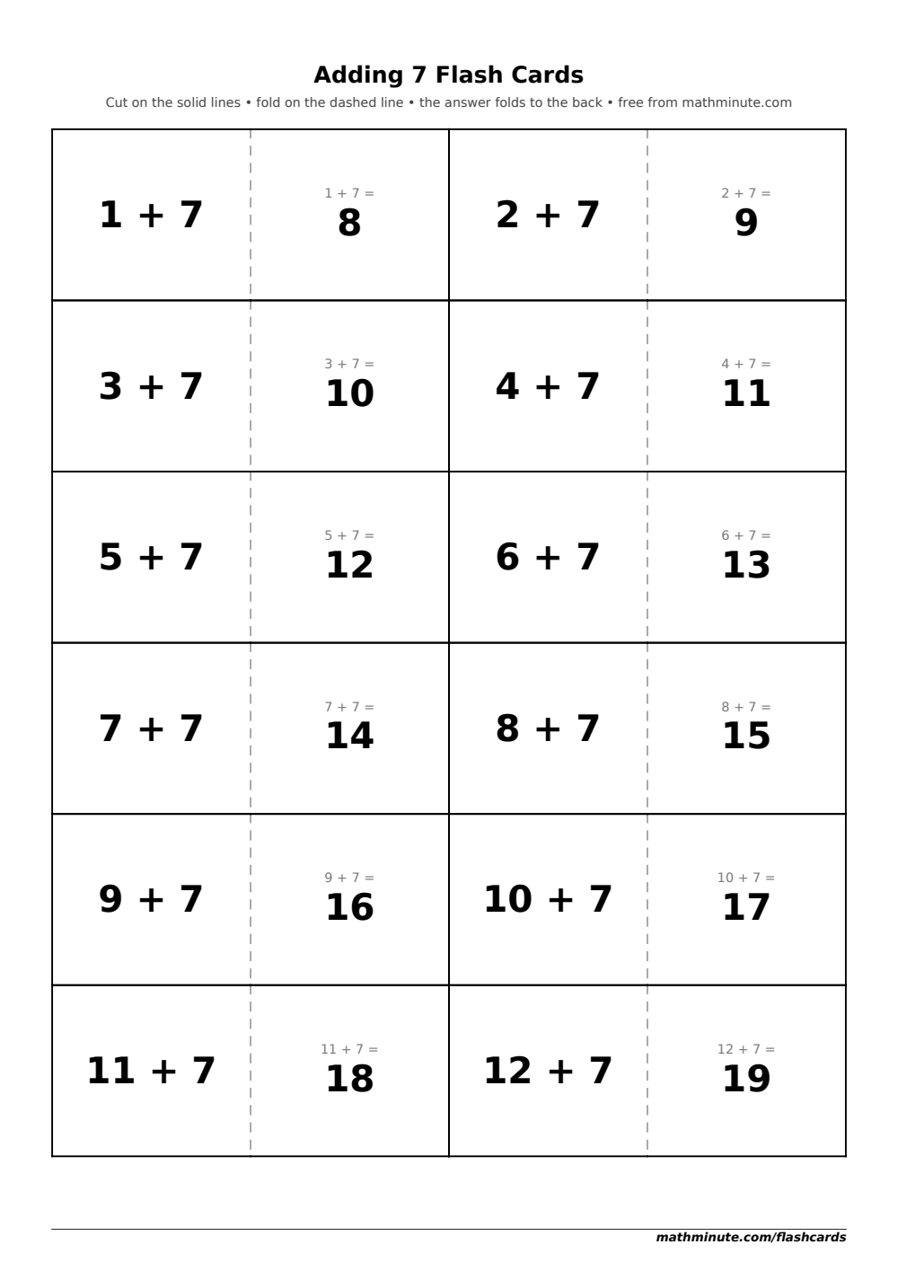 Free Printable Adding 7 Flash Cards — PDF preview.