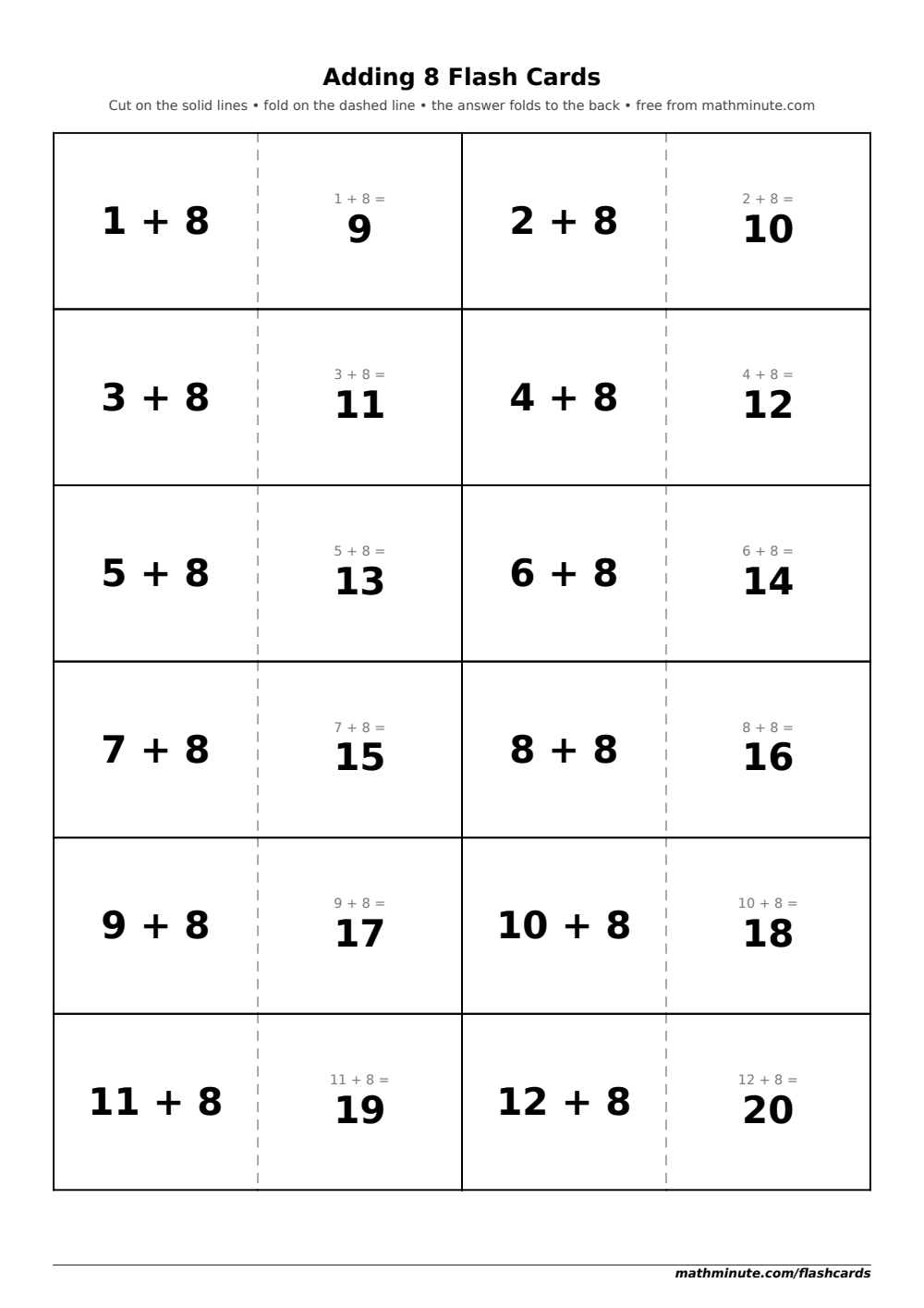 Free Printable Adding 8 Flash Cards — PDF preview.