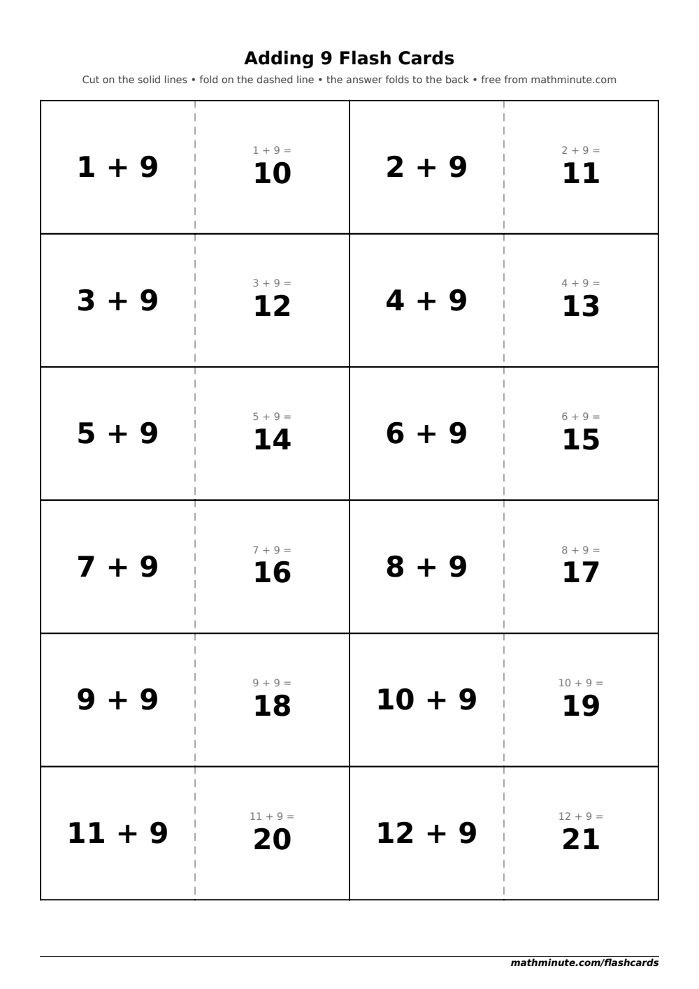 Free Printable Adding 9 Flash Cards — PDF preview.