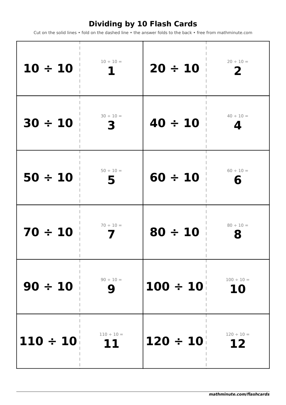 Free Printable Dividing by 10 Flash Cards — PDF preview.