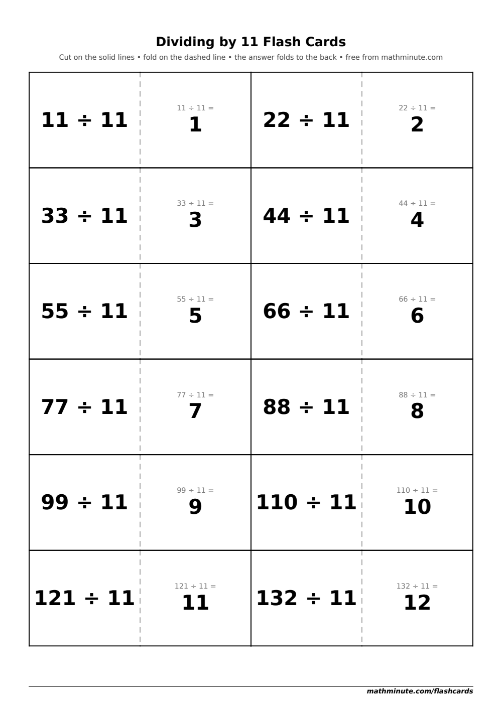 Free Printable Dividing by 11 Flash Cards — PDF preview.