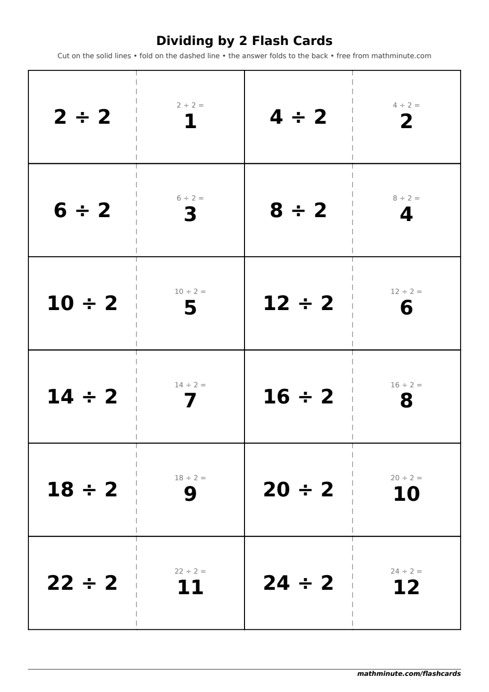 Free Printable Dividing by 2 Flash Cards — PDF preview.