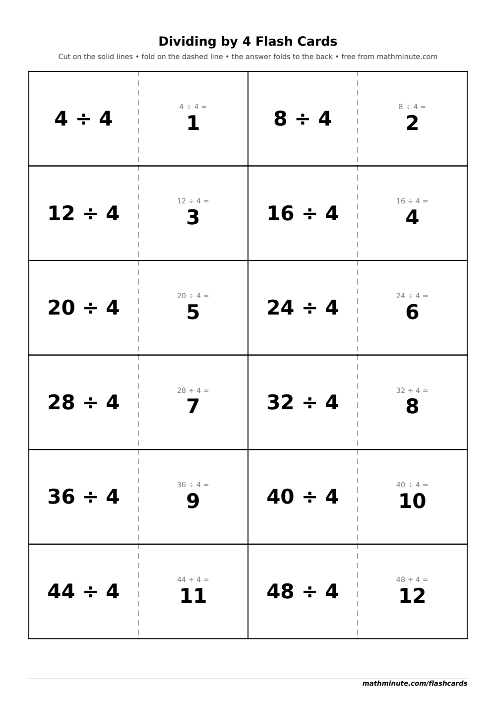 Free Printable Dividing by 4 Flash Cards — PDF preview.
