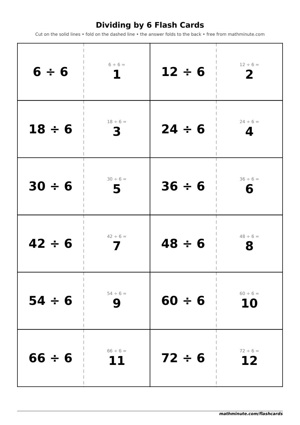 Free Printable Dividing by 6 Flash Cards — PDF preview.