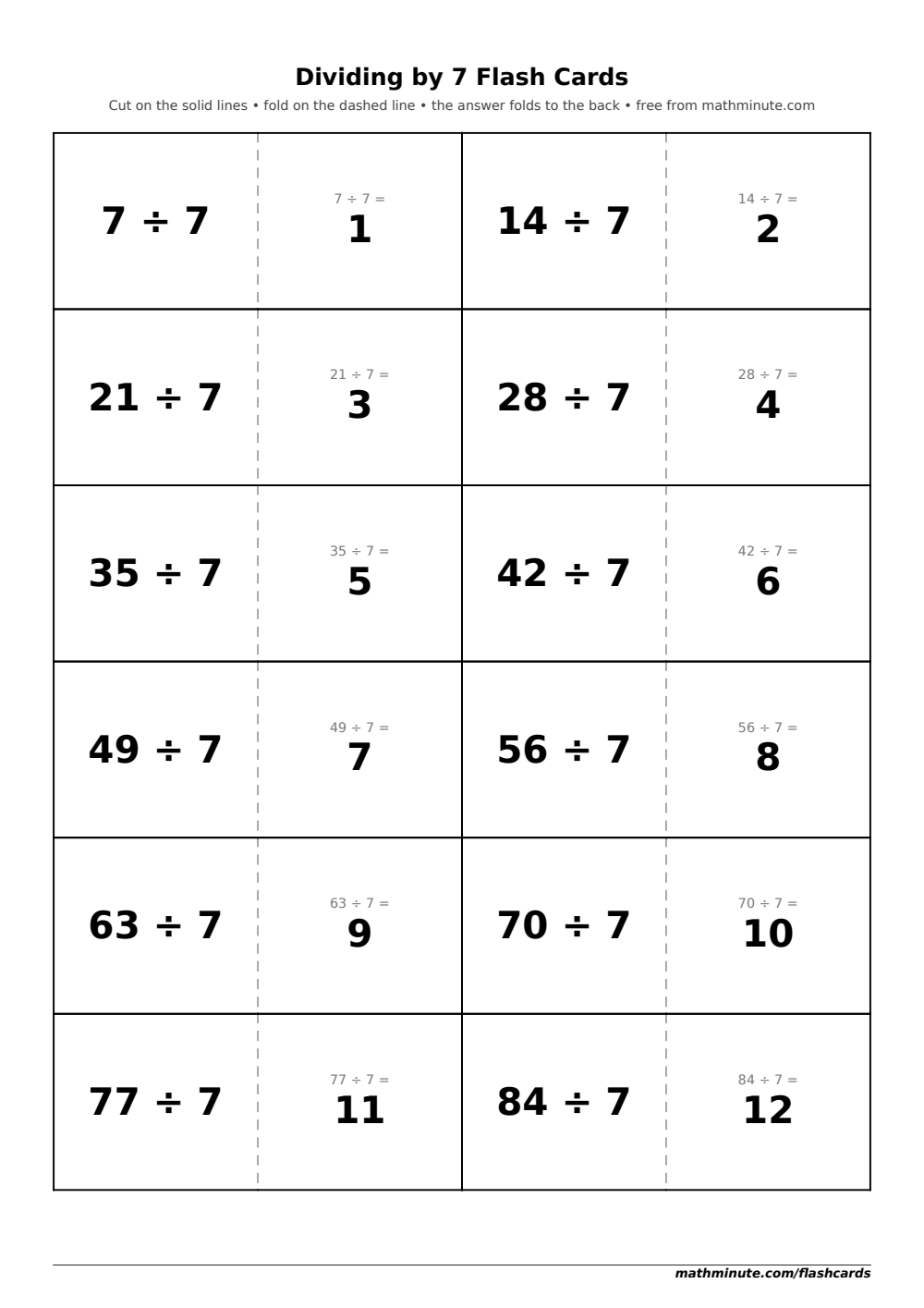 Free Printable Dividing by 7 Flash Cards — PDF preview.