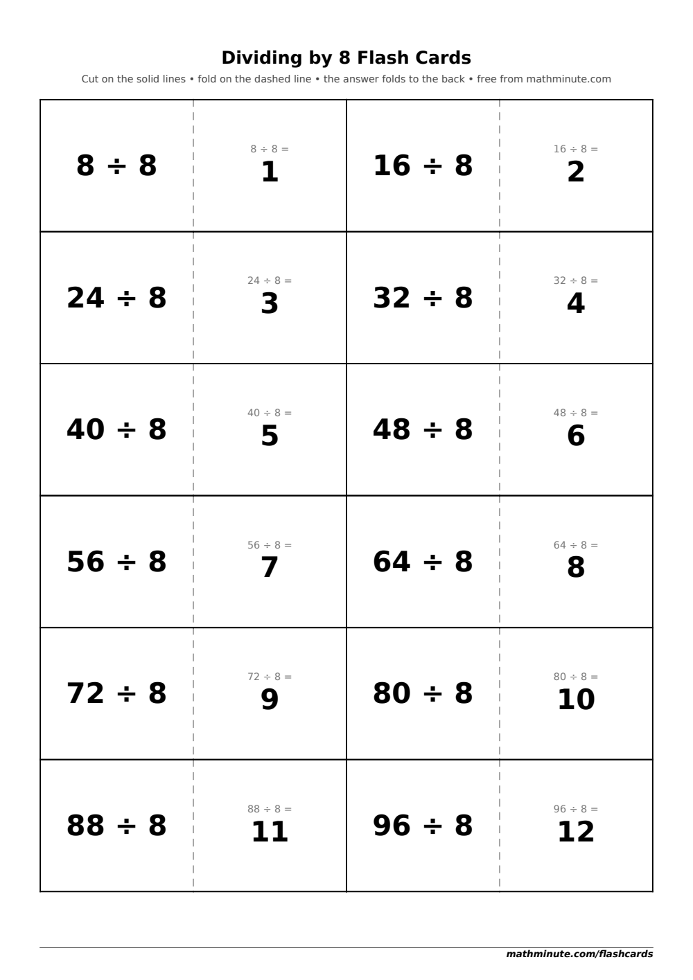 Free Printable Dividing by 8 Flash Cards — PDF preview.
