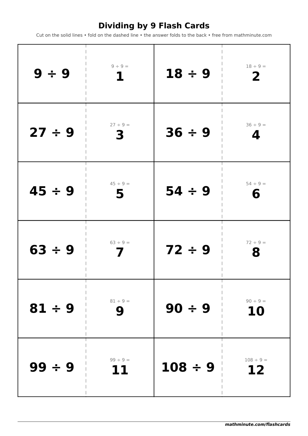 Free Printable Dividing by 9 Flash Cards — PDF preview.