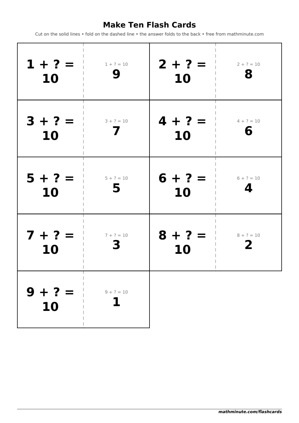 Free Printable Make Ten Flash Cards — PDF preview.