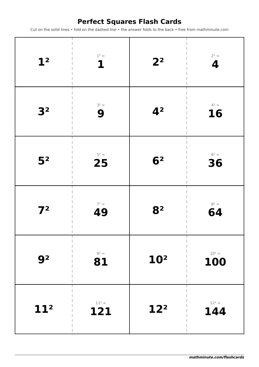 Free Printable Perfect Squares Flash Cards — PDF preview.