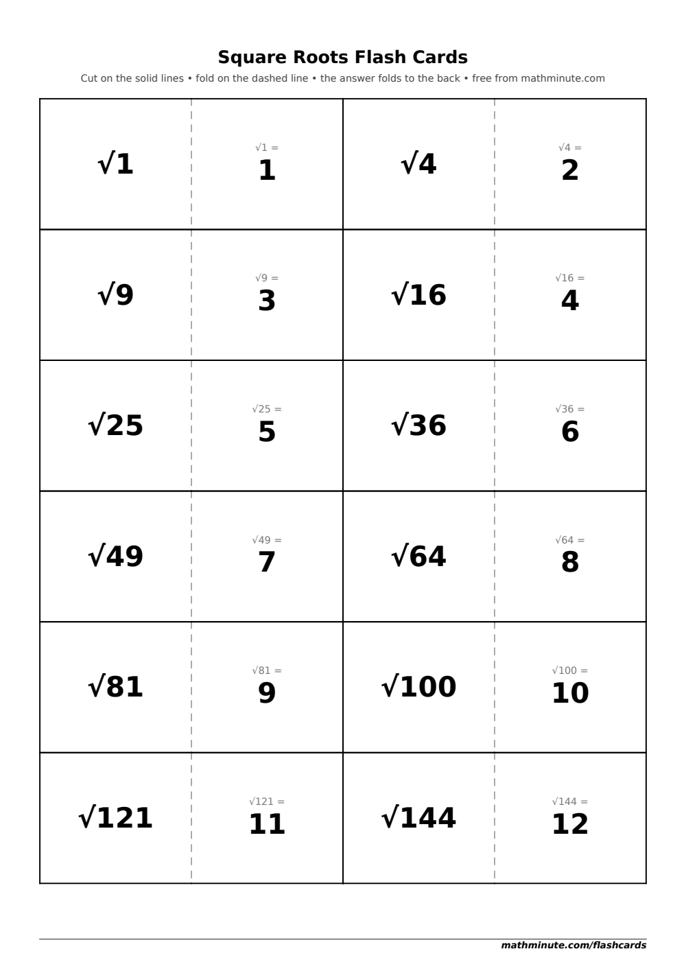 Free Printable Square Roots Flash Cards — PDF preview.