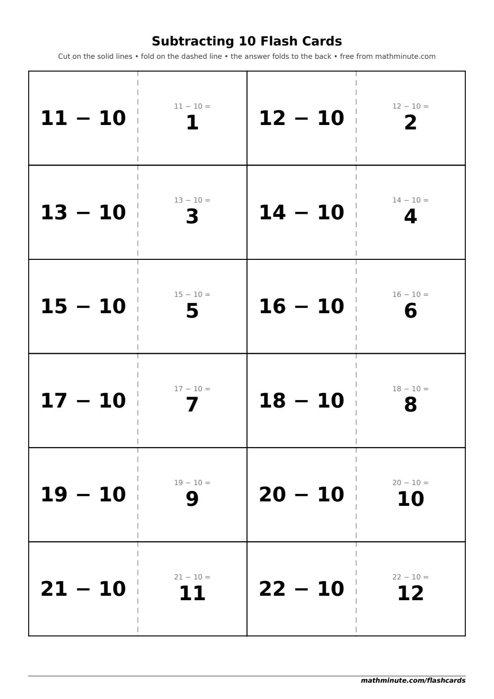 Free Printable Subtracting 10 Flash Cards — PDF preview.