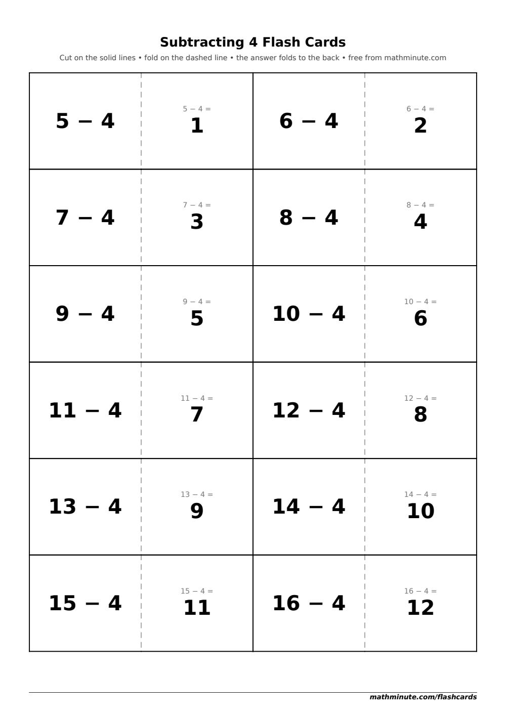 Free Printable Subtracting 4 Flash Cards — PDF preview.
