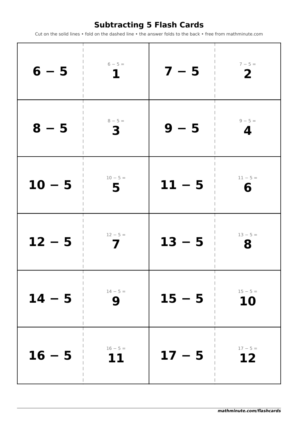 Free Printable Subtracting 5 Flash Cards — PDF preview.