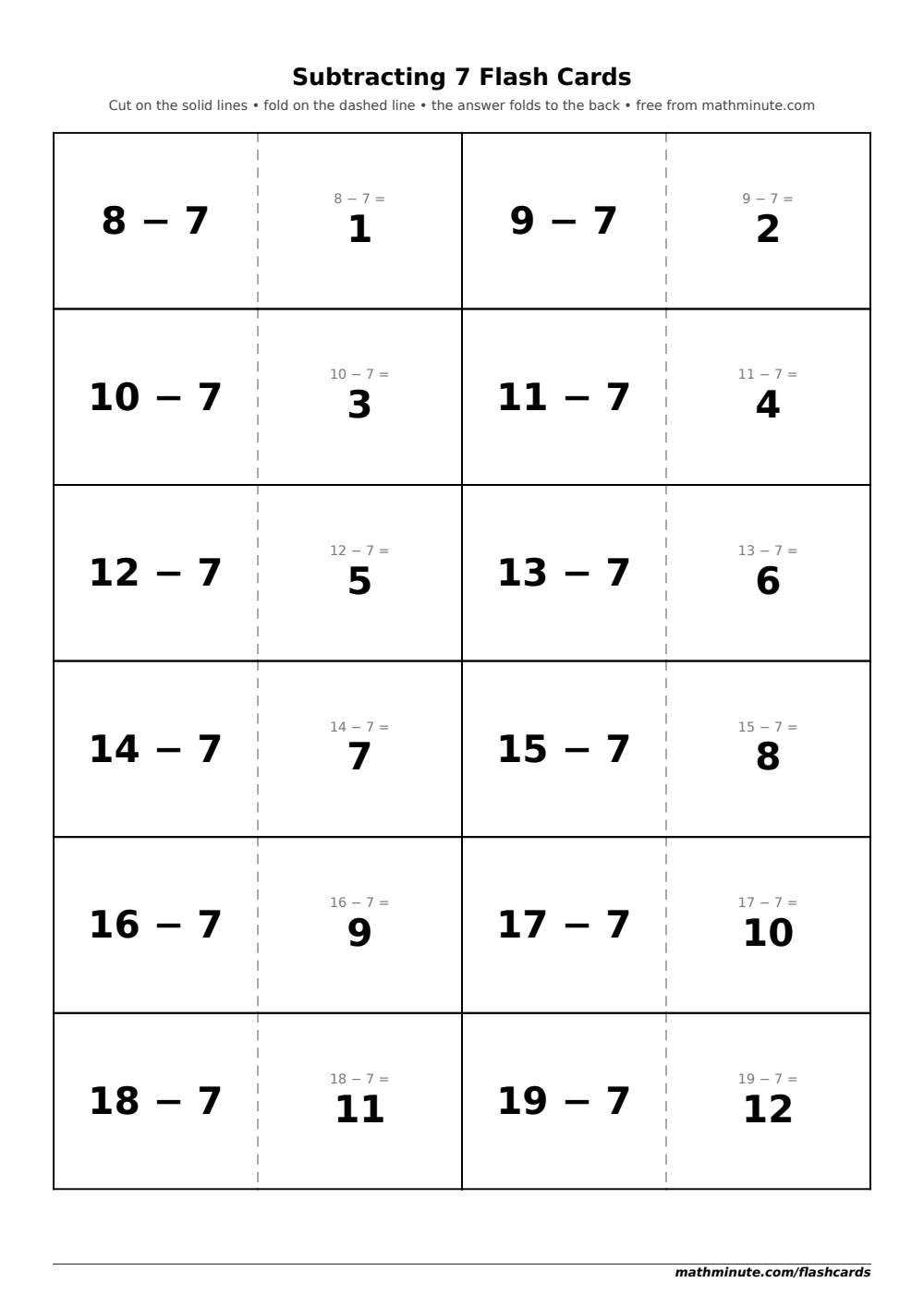 Free Printable Subtracting 7 Flash Cards — PDF preview.