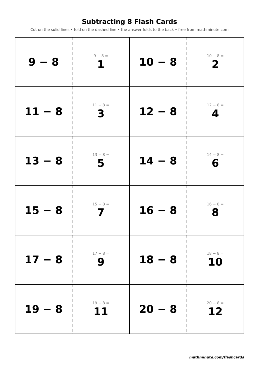Free Printable Subtracting 8 Flash Cards — PDF preview.