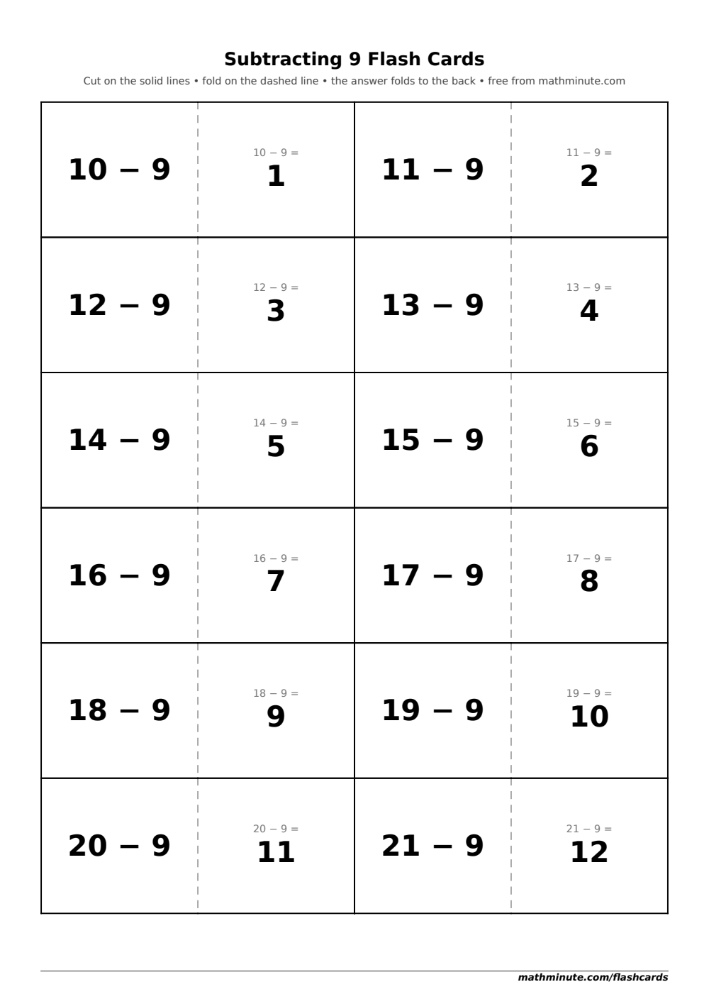 Free Printable Subtracting 9 Flash Cards — PDF preview.