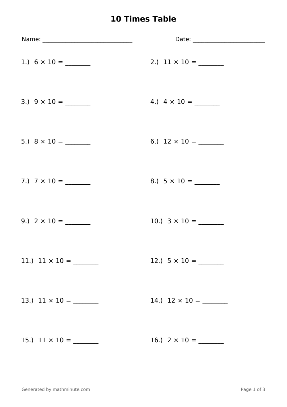 Free printable 10 Times Table math worksheet — page 1 preview.