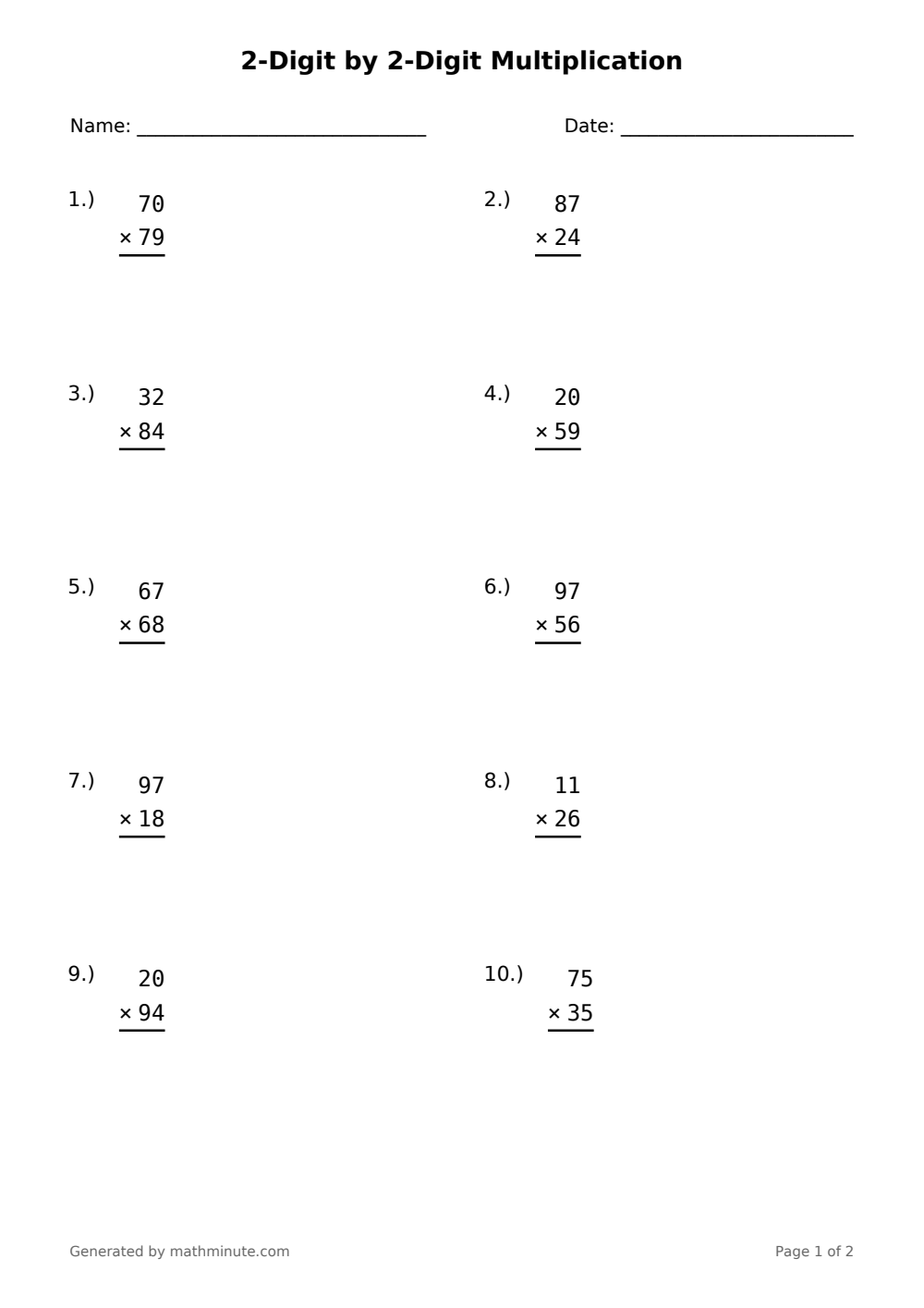 Free printable 2-Digit by 2-Digit Multiplication math worksheet — page 1 preview.