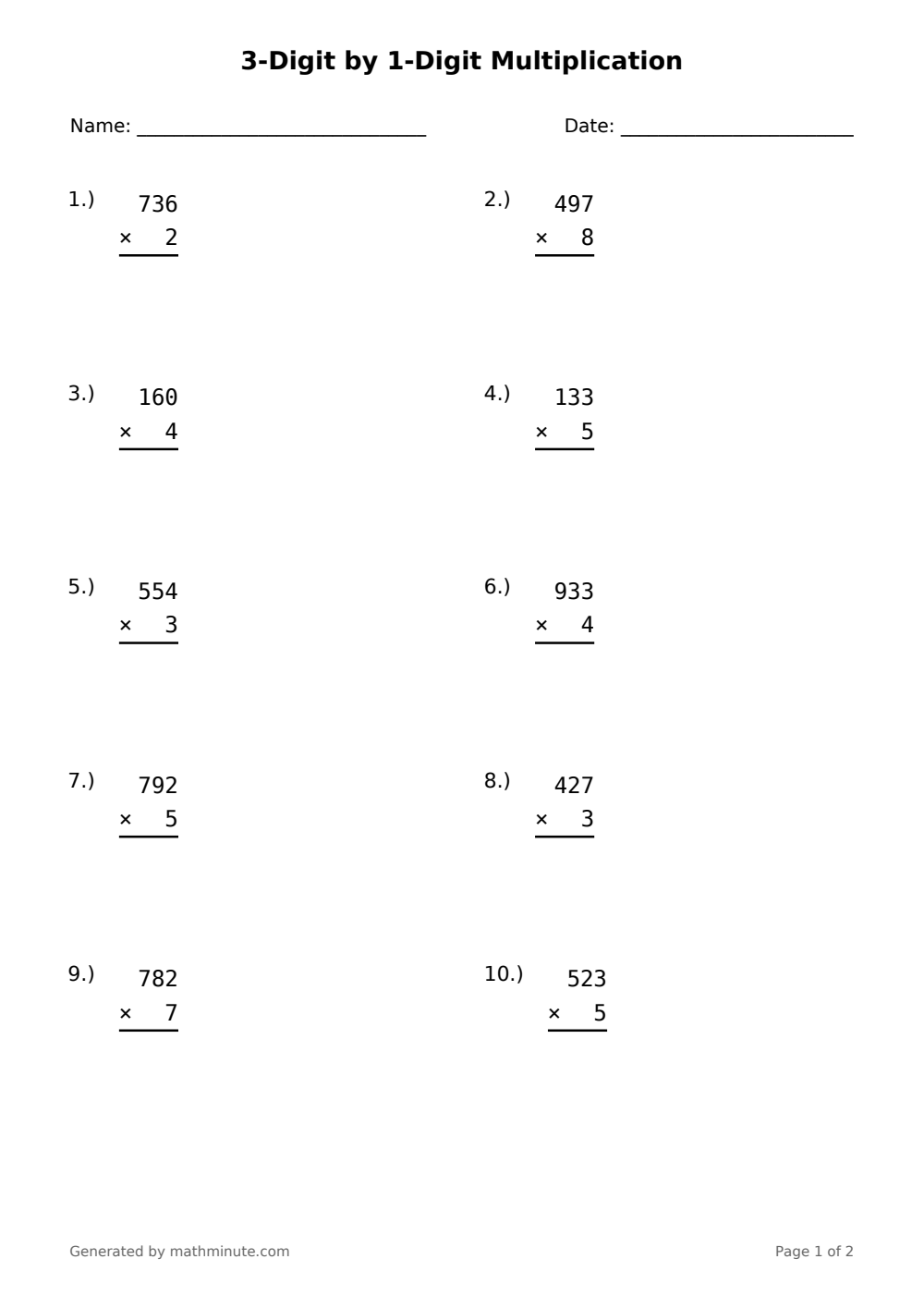 Free printable 3-Digit by 1-Digit Multiplication math worksheet — page 1 preview.