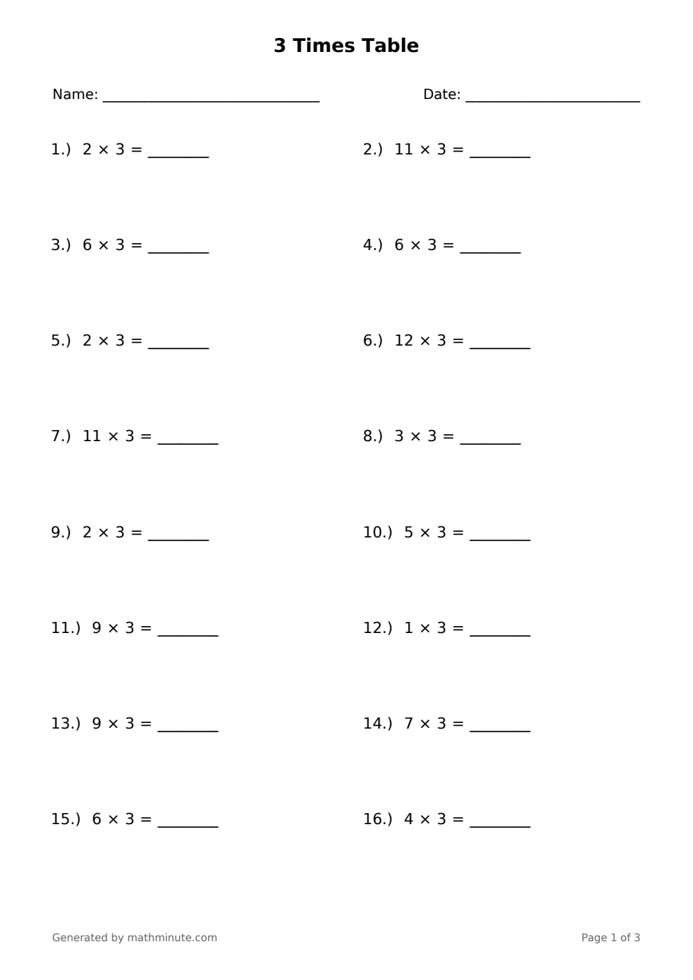 Free printable 3 Times Table math worksheet — page 1 preview.