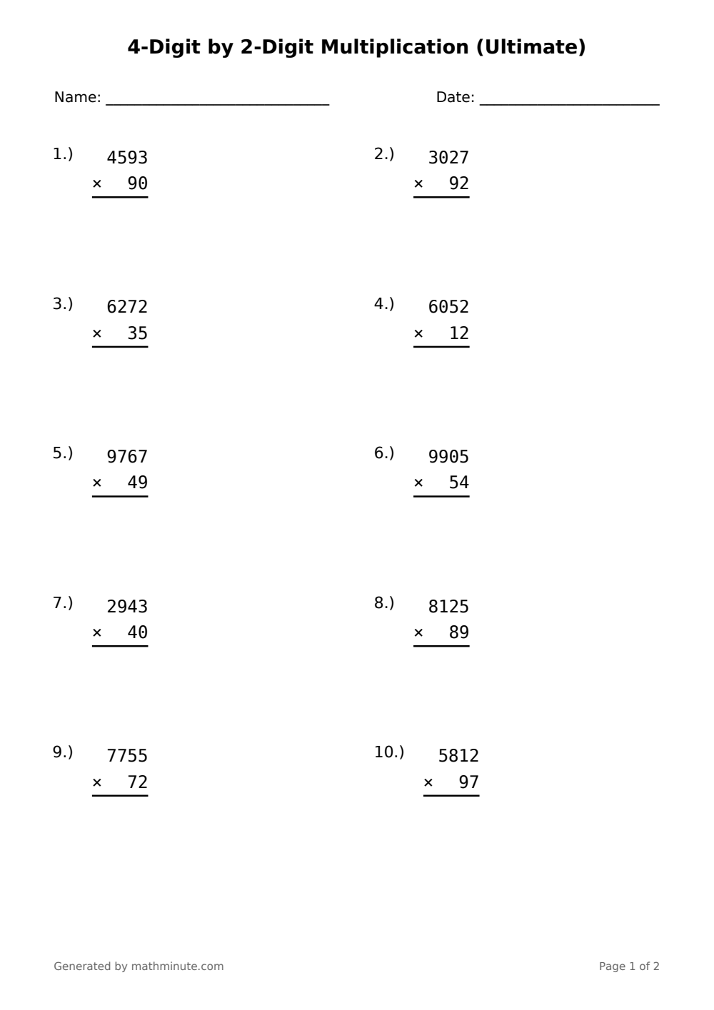 Free printable 4-Digit by 2-Digit Multiplication (Ultimate) math worksheet — page 1 preview.