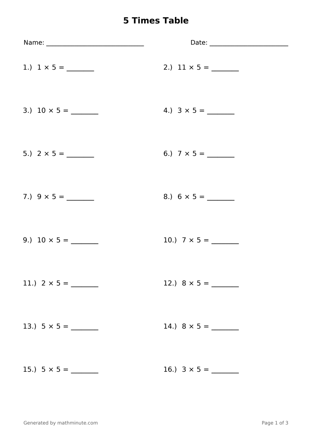 Free printable 5 Times Table math worksheet — page 1 preview.
