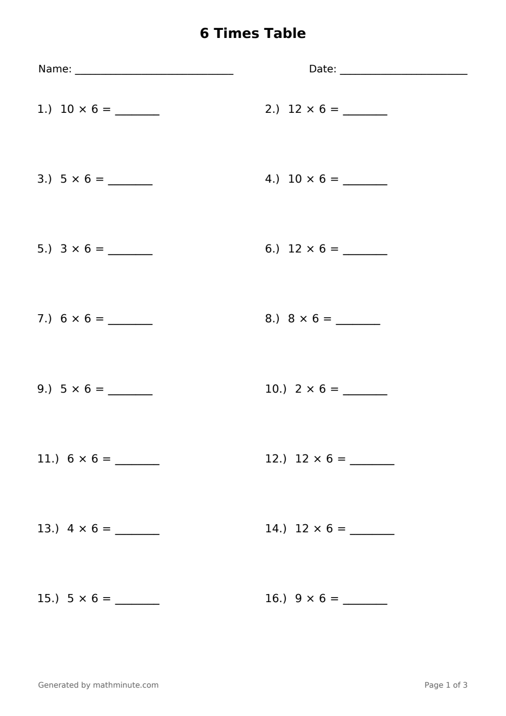 Free printable 6 Times Table math worksheet — page 1 preview.