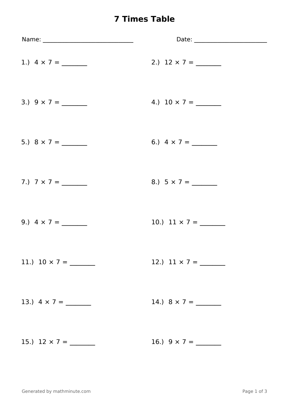 Free printable 7 Times Table math worksheet — page 1 preview.
