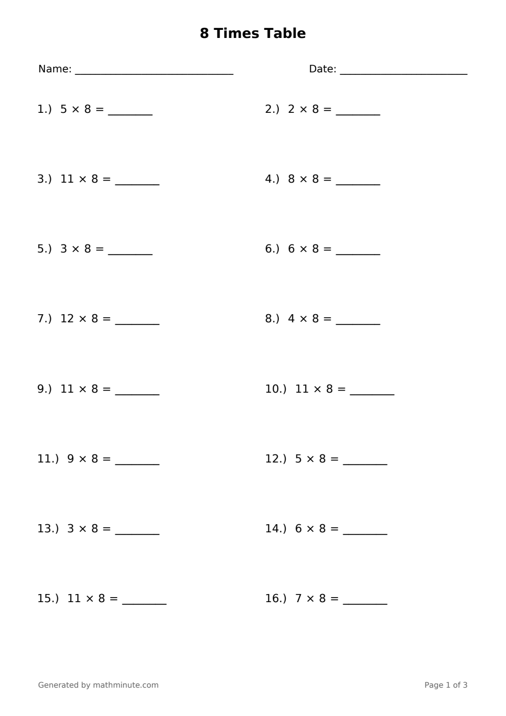 Free printable 8 Times Table math worksheet — page 1 preview.