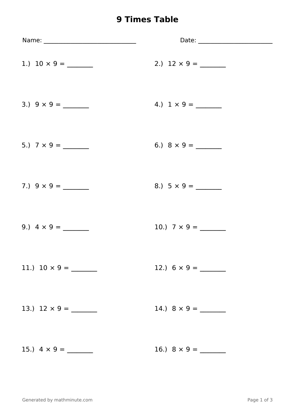 Free printable 9 Times Table math worksheet — page 1 preview.