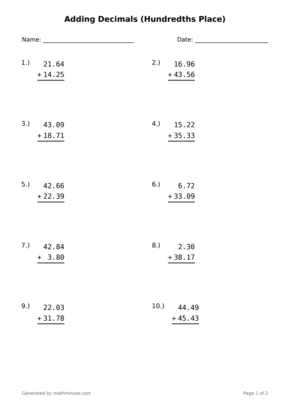 Free printable Adding Decimals (Hundredths Place) math worksheet — page 1 preview.