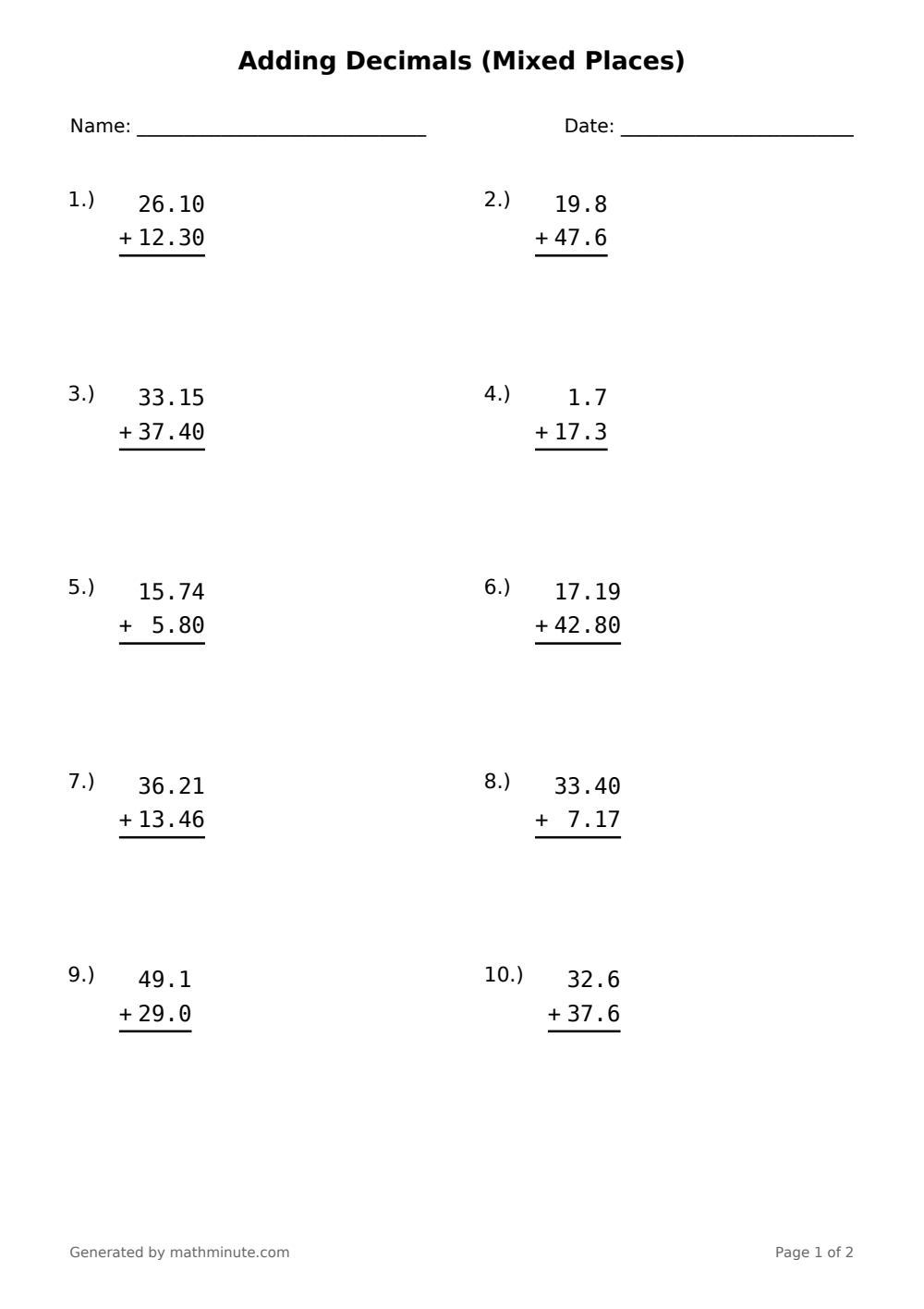 Free printable Adding Decimals (Mixed Places) math worksheet — page 1 preview.