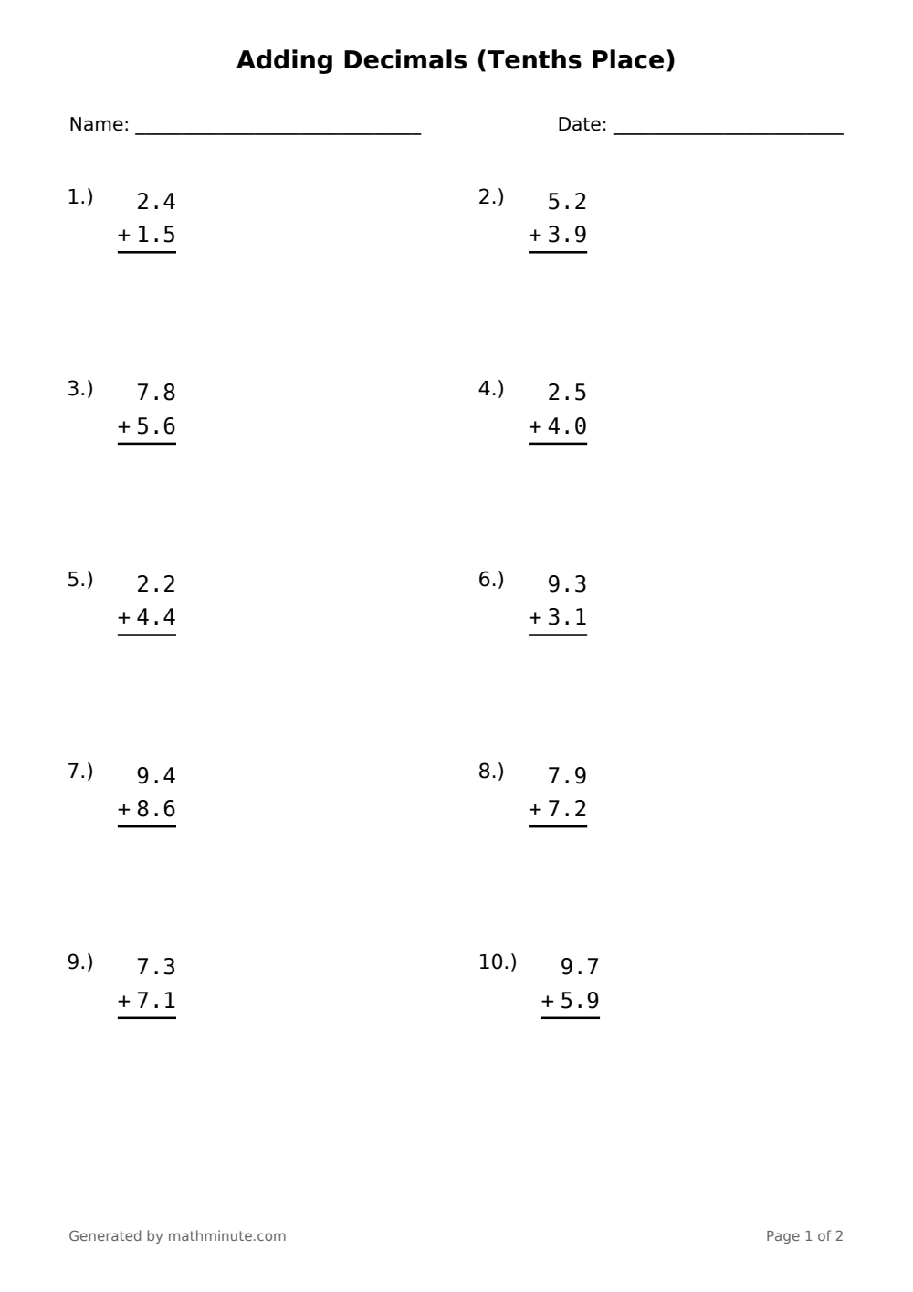 Free printable Adding Decimals (Tenths Place) math worksheet — page 1 preview.