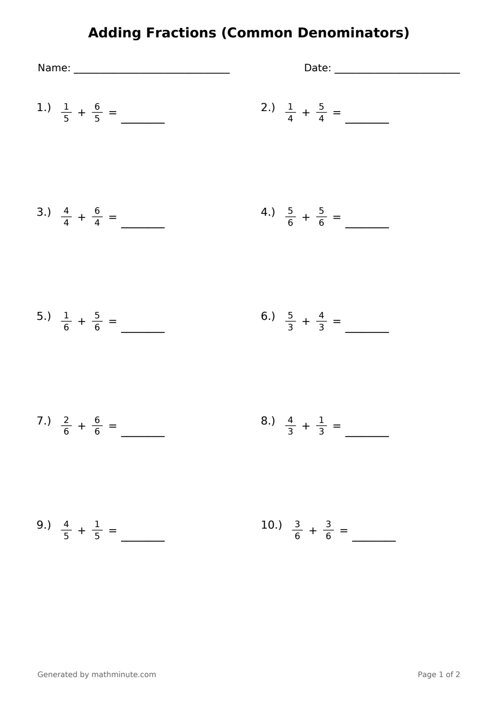 Free printable Adding Fractions (Common Denominators) math worksheet — page 1 preview.