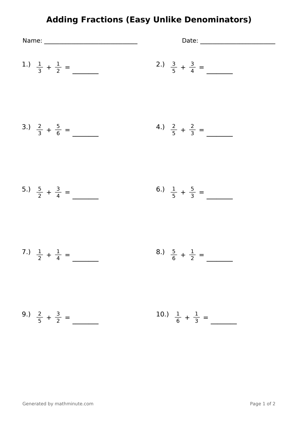 Free printable Adding Fractions (Easy Unlike Denominators) math worksheet — page 1 preview.