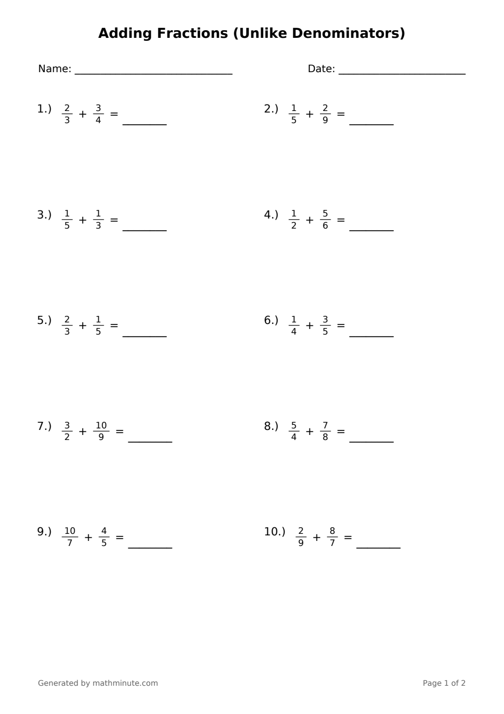 Free printable Adding Fractions (Unlike Denominators) math worksheet — page 1 preview.