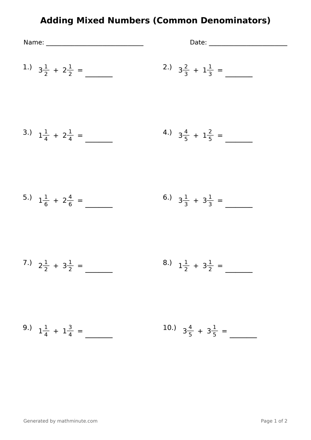 Free printable Adding Mixed Numbers (Common Denominators) math worksheet — page 1 preview.